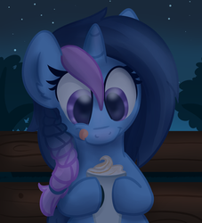 Size: 1024x1126 | Tagged: safe, artist:lbrcloud, oc, oc only, pony, unicorn, :p, bench, coffee, cup, cute, drink, ear fluff, female, food, happy, hoof hold, latte, looking down, mare, night, ocbetes, outdoors, sky, solo, stars, tongue out, tree