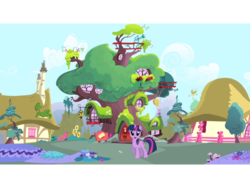 Size: 960x720 | Tagged: safe, twilight sparkle, pony, unicorn, g4, female, golden oaks library, houses, library, ponyville, solo