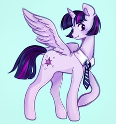Size: 523x562 | Tagged: safe, artist:peebles15, twilight sparkle, alicorn, pony, g4, alternate hairstyle, female, mare, necktie, profile, raised hoof, short hair, simple background, smiling, solo, spread wings, twilight sparkle (alicorn), wings