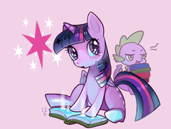 Size: 640x480 | Tagged: safe, artist:ukidama-illust, spike, twilight sparkle, alicorn, dragon, pony, g4, :o, book, cutie mark background, duo, female, looking at you, male, mare, open mouth, pink background, simple background, sitting, twilight sparkle (alicorn)
