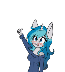 Size: 500x549 | Tagged: safe, artist:silverfox057, oc, oc only, oc:bubble lee, oc:imago, unicorn, anthro, anthro oc, approved, blood, blushing, body freckles, chibi, clothes, explicit source, female, freckles, mare, nosebleed, simple background, smiling, sweater, thumbs up, transparent background