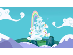 Size: 960x720 | Tagged: safe, rainbow dash, g4, cloud, cloud house, female, rainbow, rainbow dash's house, rainbow waterfall, sky, solo