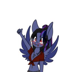 Size: 500x549 | Tagged: safe, artist:silverfox057, oc, oc only, oc:pandie, anthro, anthro oc, approved, blood, blushing, clothes, fangs, female, mare, nosebleed, simple background, smiling, solo, spread wings, thumbs up, transparent background, wingboner, wings