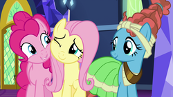 Size: 1920x1080 | Tagged: safe, screencap, fluttershy, meadowbrook, pinkie pie, earth pony, pegasus, pony, g4, shadow play, being affectionate, cute, diapinkes, female, looking at each other, mare, meadowcute, one eye closed, shyabetes, smiling