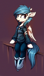 Size: 463x795 | Tagged: safe, artist:ramiras, oc, oc only, pegasus, pony, semi-anthro, boots, clothes, female, gift art, mare, open mouth, pants, shoes, simple background, sitting, smiling, solo, sweater