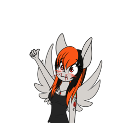 Size: 500x549 | Tagged: safe, artist:silverfox057, oc, oc only, oc:cannon car, pegasus, anthro, anthro oc, approved, blood, clothes, female, mare, nosebleed, simple background, smiling, solo, spread wings, thumbs up, transparent background, wingboner, wings