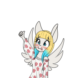 Size: 500x549 | Tagged: safe, artist:silverfox057, oc, oc only, oc:brave jockey, pegasus, anthro, anthro oc, approved, blood, clothes, female, mare, nosebleed, simple background, smiling, solo, spread wings, thumbs up, transparent background, wingboner, wings
