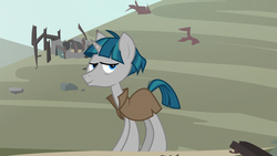 Size: 1920x1080 | Tagged: safe, screencap, stygian, pony, unicorn, g4, shadow play, blinking, cape, cloak, clothes, lidded eyes, male, ruins, smug, solo, stallion