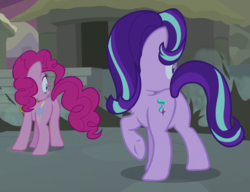 Size: 791x609 | Tagged: safe, screencap, pinkie pie, starlight glimmer, earth pony, pony, unicorn, g4, shadow play, butt, cropped, female, glimmer glutes, mare, plot