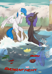 Size: 1900x2687 | Tagged: safe, artist:lonerdemiurge_nail, oc, oc only, oc:blueberry bliss, oc:math millien, merpony, pegasus, pony, seapony (g4), fin wings, fins, fish tail, flower, hypnosis, hypnotized, lake, looking at each other, looking at someone, seduction, song reference, tail, text, water, waterfall, wings