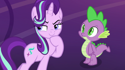 Size: 1920x1080 | Tagged: safe, screencap, spike, starlight glimmer, dragon, pony, unicorn, g4, shadow play, female, male, mare