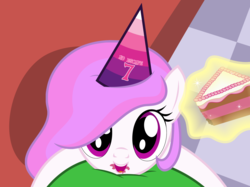 Size: 3300x2472 | Tagged: safe, artist:badumsquish, derpibooru exclusive, princess celestia, human, g4, badumsquish is trying to murder us, cake, cakelestia, carpet, cewestia, cute, cutelestia, daaaaaaaaaaaw, eating, female, filly, food, happy birthday mlp:fim, hat, high res, hug, looking at you, looking up, magic, messy eating, mlp fim's seventh anniversary, offscreen character, party hat, pink-mane celestia, pov, tile, weapons-grade cute, younger