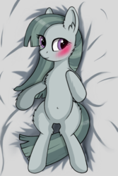Size: 800x1200 | Tagged: safe, artist:negasun, marble pie, earth pony, pony, g4, belly button, blushing, body pillow, body pillow design, female, mare, on back, solo