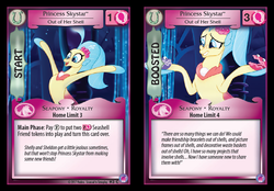 Size: 818x570 | Tagged: safe, enterplay, screencap, princess skystar, shelldon, shelly, seapony (g4), g4, my little pony collectible card game, my little pony: the movie, seaquestria & beyond, blue eyes, blue mane, bubble, card, ccg, clam, cute, female, fin wings, fins, flower, flower in hair, flowing mane, freckles, grin, hoof hold, jewelry, merchandise, necklace, nervous, ocean, open mouth, pearl necklace, seaquestria, seashell, skyabetes, smiling, solo, squee, swimming, teeth, underwater, water, wings