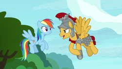 Size: 1920x1080 | Tagged: safe, screencap, flash magnus, rainbow dash, pegasus, pony, g4, shadow play, duo, female, flying, looking at each other, male, mare, stallion