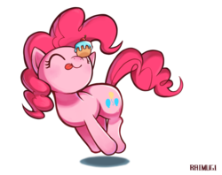 Size: 2784x2205 | Tagged: safe, artist:bronyraimu, pinkie pie, earth pony, pony, g4, balancing, cupcake, cute, diapinkes, female, food, high res, ponies balancing stuff on their nose, simple background, solo, tongue out, treat on nose, white background