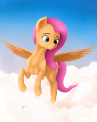 Size: 1600x2000 | Tagged: safe, artist:samum41, fluttershy, pegasus, pony, g4, cloud, female, flying, mare, realistic anatomy, sky, smiling, solo, spread wings, wings