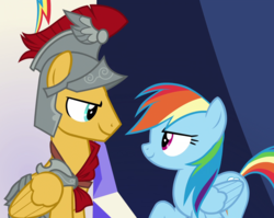 Size: 1346x1074 | Tagged: safe, screencap, flash magnus, rainbow dash, pegasus, pony, g4, shadow play, >:), cropped, determined, duo, female, looking at each other, male, mare, sitting, stallion