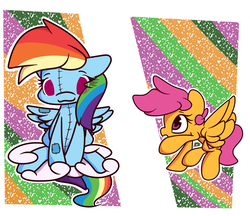 Size: 3216x2776 | Tagged: safe, artist:hedgehog-plant, rainbow dash, scootaloo, pegasus, pony, g4, :3, abstract background, cloud, female, filly, high res, plushie, scootalove