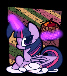 Size: 1800x2040 | Tagged: safe, artist:hedgehog-plant, twilight sparkle, alicorn, pony, g4, abstract background, cloud, female, fruit, magic, mare, prone, solo, telekinesis, twilight sparkle (alicorn)