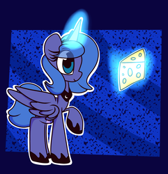 Size: 1800x1870 | Tagged: safe, artist:hedgehog-plant, princess luna, alicorn, pony, g4, abstract background, cheese, female, food, glowing horn, horn, horseshoes, magic, mare, s1 luna, solo, telekinesis