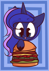 Size: 1919x2790 | Tagged: safe, artist:hedgehog-plant, princess luna, alicorn, pony, g4, abstract background, burger, female, food, mare, solo