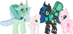 Size: 3042x1441 | Tagged: safe, artist:casanova-mew, queen chrysalis, oc, oc only, oc:fluffle puff, oc:holey flutteby, changedling, hybrid, g4, canon x oc, changedlingified, female, interspecies offspring, lesbian, magical lesbian spawn, offspring, parent:oc:fluffle puff, parent:queen chrysalis, parents:canon x oc, parents:chrysipuff, purified chrysalis, ship:chrysipuff, shipping, simple background, transparent background