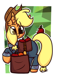 Size: 2060x2783 | Tagged: safe, artist:hedgehog-plant, applejack, earth pony, pony, g4, abstract background, apple, banana, clothes, female, food, fruit, high res, looking back, mare, orange, saddle bag, solo