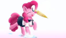 Size: 3000x1724 | Tagged: safe, artist:j24262756, pinkie pie, earth pony, pony, g4, clothes, cute, diapinkes, female, looking at you, mare, one eye closed, open mouth, puddle, raised hoof, raised leg, school uniform, signature, smiling, solo, splash, umbrella, water, wink