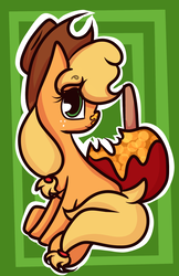 Size: 1691x2603 | Tagged: safe, artist:hedgehog-plant, applejack, earth pony, pony, g4, abstract background, apple, female, food, mare, sitting, solo, toffee apple