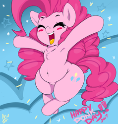 Size: 2000x2100 | Tagged: safe, artist:aer0 zer0, pinkie pie, g4, armpits, belly button, blushing, chest fluff, chubby, cute, diapinkes, eyes closed, fat, female, high res, jumping, pinkie pie day, plump, ponk, pudgy pie, solo