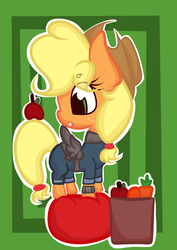 Size: 1826x2580 | Tagged: safe, artist:hedgehog-plant, applejack, earth pony, pony, g4, abstract background, apple, artificial wings, augmented, carrot, clothes, female, food, looking back, mare, mechanical wing, solo, wings