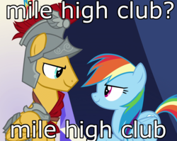 Size: 1346x1074 | Tagged: safe, edit, edited screencap, screencap, flash magnus, rainbow dash, pegasus, pony, g4, shadow play, caption, cropped, dashmagnus, duo, female, image macro, implied sex, looking at each other, male, mare, meme, mile high club, shipping, stallion, straight