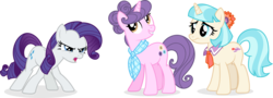 Size: 12644x4568 | Tagged: safe, artist:punzil504, coco pommel, rarity, suri polomare, earth pony, pony, unicorn, g4, absurd resolution, earth pony rarity, female, go to sleep suri polomare, mare, race swap, simple background, smiling, transparent background, trio, trio female, unicorn coco pommel, unicorn suri polomare, vector