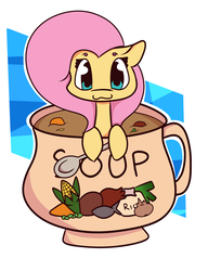Size: 2000x2600 | Tagged: safe, artist:hedgehog-plant, fluttershy, fish, pegasus, pony, g4, :3, abstract background, carrot, corn, cup, cute, female, food, high res, hoof hold, leek, looking at you, mare, onion, ponies eating meat, ponies eating seafood, potato, seafood, shyabetes, solo, soup, spoon