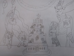Size: 4160x3120 | Tagged: safe, artist:supahdonarudo, derpibooru exclusive, applejack, discord, fluttershy, pinkie pie, princess celestia, princess luna, rainbow dash, rarity, spike, sweetie belle, twilight sparkle, oc, oc:ironyoshi, alicorn, dragon, pony, g4, balloon, banner, cake, candle, decoration, drawing, food, grand dad, happy birthday mlp:fim, hat, mane six, mlp fim's seventh anniversary, monochrome, party hat, tongue out, traditional art, twilight sparkle (alicorn)