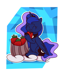 Size: 2500x3000 | Tagged: safe, artist:hedgehog-plant, princess luna, alicorn, pony, g4, abstract background, cloud, eating, eyes closed, female, food, herbivore, high res, mare, sitting, solo, strawberry