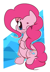 Size: 1400x2000 | Tagged: safe, artist:hedgehog-plant, pinkie pie, earth pony, pony, g4, :3, abstract background, cute, diapinkes, eye clipping through hair, female, looking at you, mare, one eye closed, sitting, solo, wink