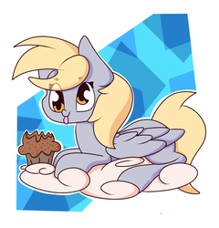 Size: 1920x2000 | Tagged: safe, artist:hedgehog-plant, derpy hooves, pegasus, pony, g4, abstract background, cloud, female, food, mare, muffin, prone, solo, tongue out