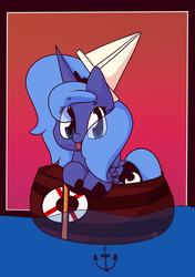 Size: 1700x2410 | Tagged: safe, artist:hedgehog-plant, princess luna, alicorn, pony, g4, anchor, boat, female, filly, hat, paper hat, solo, tongue out, woona, younger