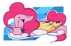 Size: 1841x1193 | Tagged: safe, artist:hedgehog-plant, pinkie pie, earth pony, pony, g4, abstract background, artificial wings, augmented, cloud, female, floppy ears, mare, mechanical wing, sleeping, solo, wings