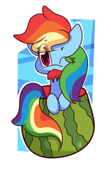 Size: 1024x1612 | Tagged: safe, artist:hedgehog-plant, rainbow dash, pegasus, pony, g4, :3, abstract background, eating, female, food, herbivore, mare, one eye closed, solo, watermelon
