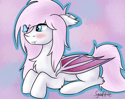 Size: 3118x2466 | Tagged: safe, artist:r0xyr0x, bat pony, butterfly, blushing, commission, dragon wings, fangs, female, floppy ears, fluffy, high res, mare, original character do not steal, pastel