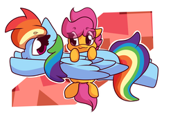 Size: 2538x1700 | Tagged: safe, artist:hedgehog-plant, rainbow dash, scootaloo, pegasus, pony, g4, :3, abstract background, female, filly, flying, mare