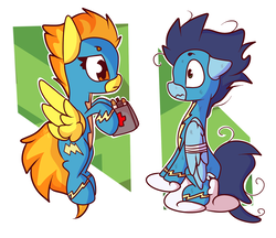 Size: 1970x1700 | Tagged: safe, artist:hedgehog-plant, soarin', spitfire, pegasus, pony, g4, abstract background, clothes, cloud, eye contact, female, injured, looking at each other, male, mare, stallion, uniform, wonderbolts uniform