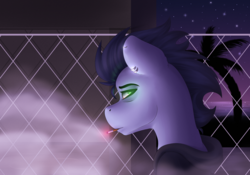 Size: 3000x2100 | Tagged: safe, artist:spirit-dude, soarin', pony, g4, clothes, ear piercing, glowing eyes, high res, hoodie, looking back, male, piercing, smoking, solo, stallion