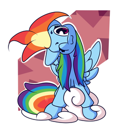 Size: 1659x1700 | Tagged: safe, artist:hedgehog-plant, rainbow dash, pegasus, pony, g4, :3, abstract background, cloud, female, head tilt, looking at you, mare, one eye closed, solo