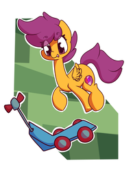 Size: 1800x2323 | Tagged: safe, artist:hedgehog-plant, scootaloo, pegasus, pony, g4, abstract background, female, filly, long neck, scooter, solo