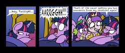 Size: 2467x1057 | Tagged: safe, artist:bobthedalek, spike, starlight glimmer, twilight sparkle, dragon, pony, unicorn, g4, once upon a zeppelin, alicorn costume, bed, bed mane, cadance mask, clothes, comic, costume, fake horn, fake wings, mask, twilight sparkle costume, wig