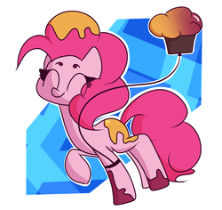 Size: 1800x1700 | Tagged: safe, artist:hedgehog-plant, pinkie pie, earth pony, pony, g4, abstract background, balloon, eyes closed, female, food, mare, muffin, solo